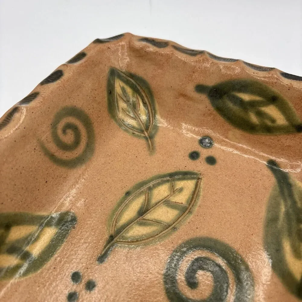 Vintage Signed Studio Pottery Tray Hand Painted Leaf Swirl Motif Terracotta Dish